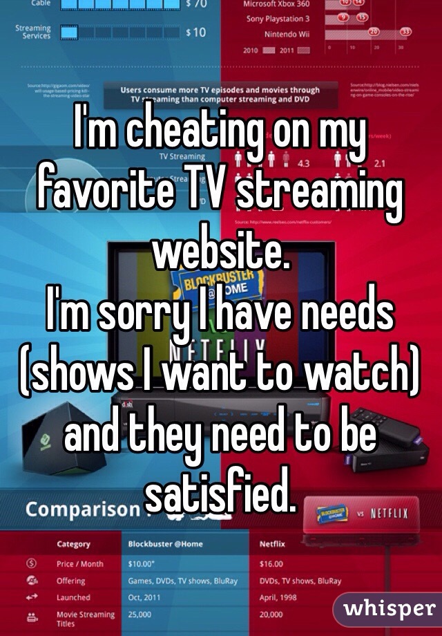 I'm cheating on my favorite TV streaming website.
I'm sorry I have needs (shows I want to watch) and they need to be satisfied.