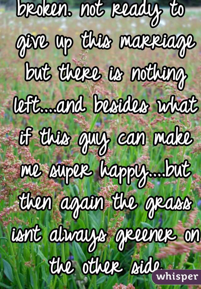 broken. not ready to give up this marriage but there is nothing left....and besides what if this guy can make me super happy....but then again the grass isnt always greener on the other side