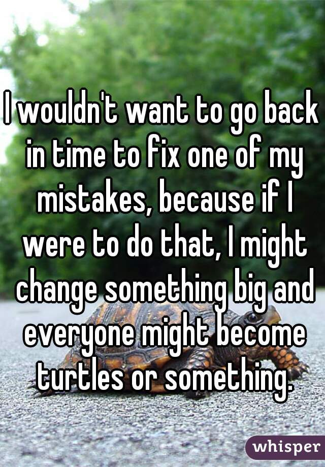 I wouldn't want to go back in time to fix one of my mistakes, because if I were to do that, I might change something big and everyone might become turtles or something.