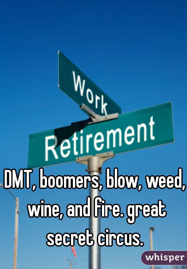 DMT, boomers, blow, weed, wine, and fire. great secret circus. 