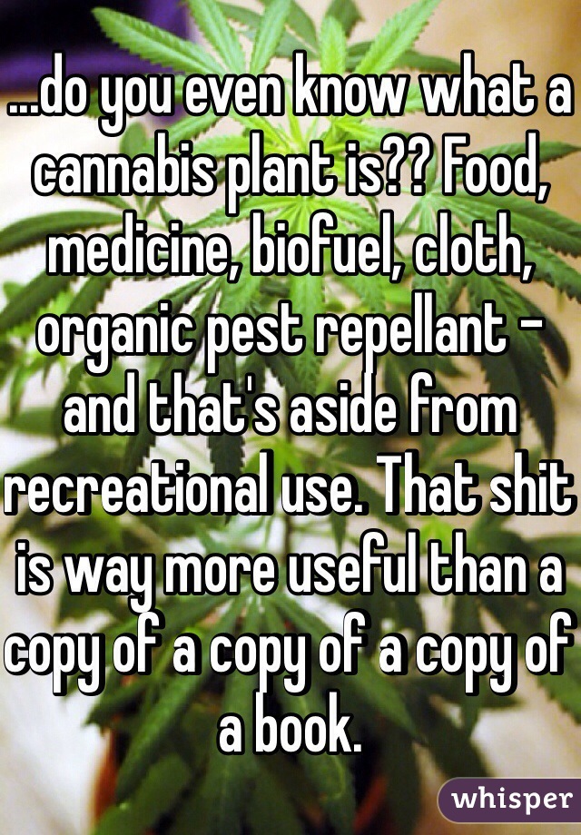 ...do you even know what a cannabis plant is?? Food, medicine, biofuel, cloth, organic pest repellant - and that's aside from recreational use. That shit is way more useful than a copy of a copy of a copy of a book.