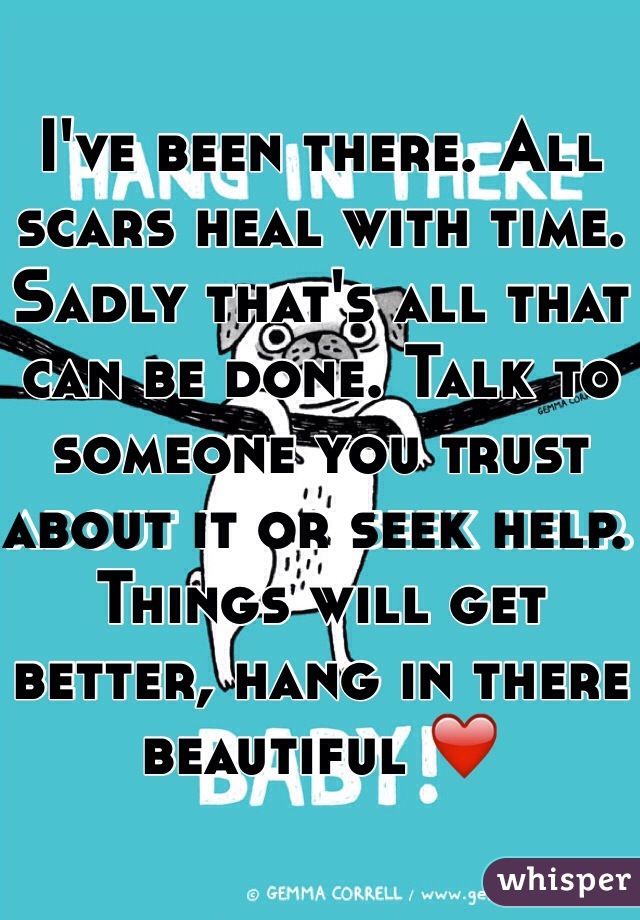 I've been there. All scars heal with time. Sadly that's all that can be done. Talk to someone you trust about it or seek help.  Things will get better, hang in there beautiful ❤️