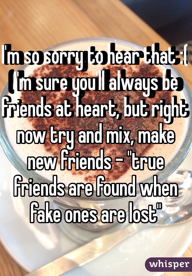 I'm so sorry to hear that :( I'm sure you'll always be friends at heart, but right now try and mix, make new friends - "true friends are found when fake ones are lost"