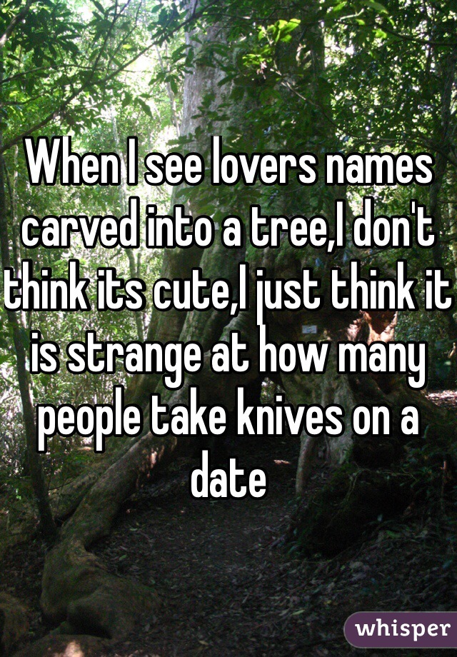 When I see lovers names carved into a tree,I don't think its cute,I just think it is strange at how many people take knives on a date
