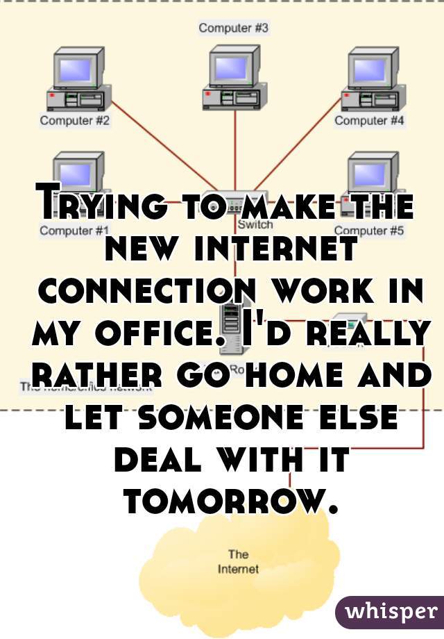 Trying to make the new internet connection work in my office. I'd really rather go home and let someone else deal with it tomorrow.