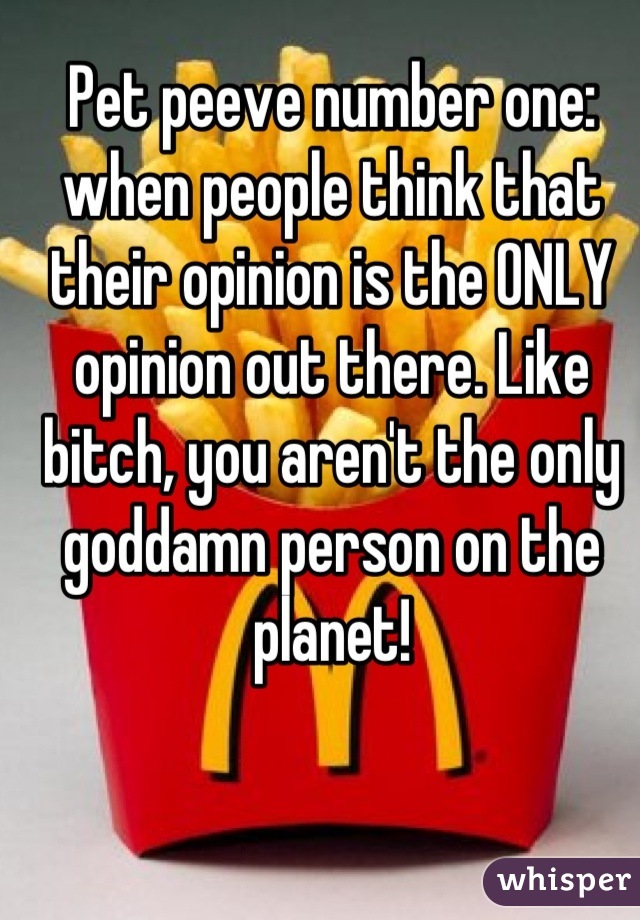 Pet peeve number one: when people think that their opinion is the ONLY opinion out there. Like bitch, you aren't the only goddamn person on the planet!