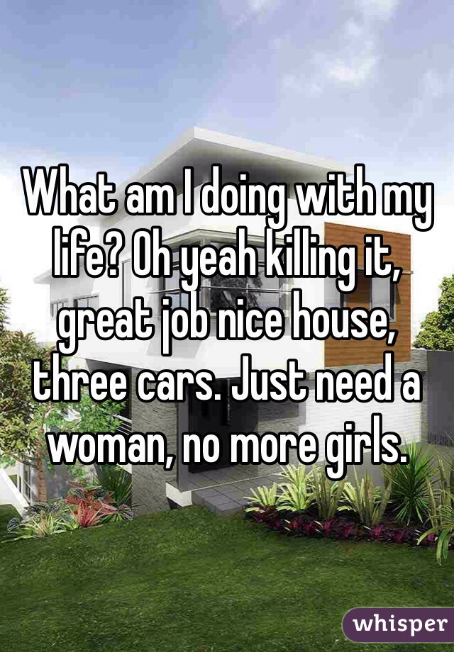 What am I doing with my life? Oh yeah killing it, great job nice house, three cars. Just need a woman, no more girls.