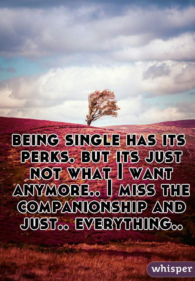 being single has its perks. but its just not what I want anymore.. I miss the companionship and just.. everything..