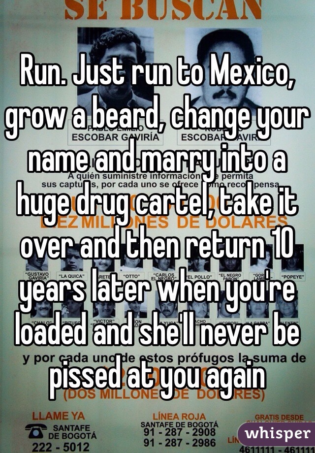 Run. Just run to Mexico, grow a beard, change your name and marry into a huge drug cartel, take it over and then return 10 years later when you're loaded and she'll never be pissed at you again