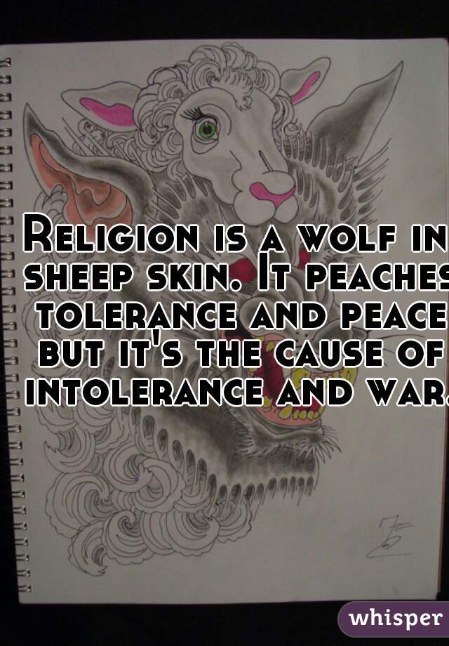 Religion is a wolf in sheep skin. It peaches tolerance and peace but it's the cause of intolerance and war. 