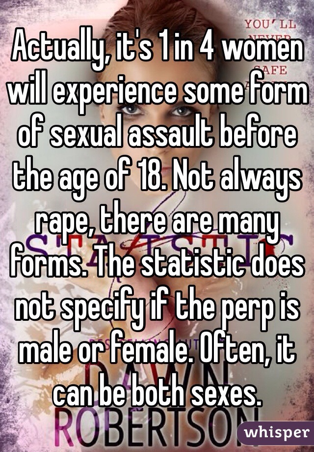 Actually, it's 1 in 4 women will experience some form of sexual assault before the age of 18. Not always rape, there are many forms. The statistic does not specify if the perp is male or female. Often, it can be both sexes. 