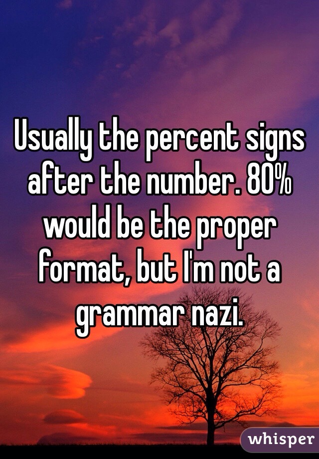 Usually the percent signs after the number. 80% would be the proper format, but I'm not a grammar nazi.