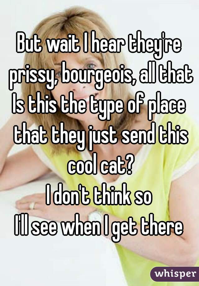 But wait I hear they're prissy, bourgeois, all that
Is this the type of place that they just send this cool cat?
I don't think so
I'll see when I get there