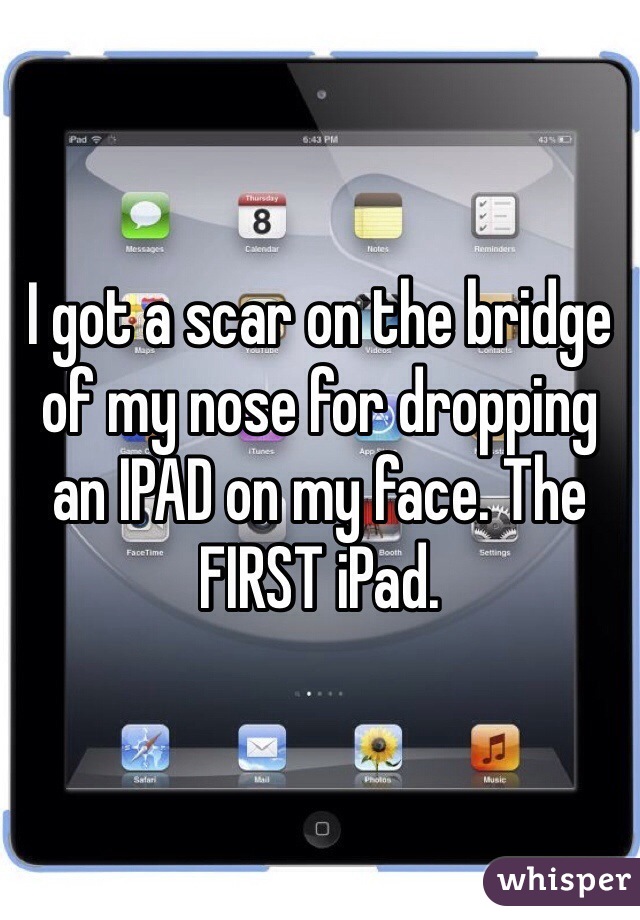 I got a scar on the bridge of my nose for dropping an IPAD on my face. The FIRST iPad.