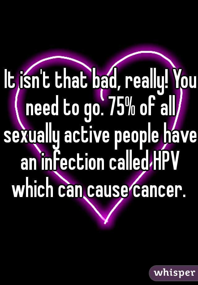  It isn't that bad, really! You need to go. 75% of all sexually active people have an infection called HPV which can cause cancer. 