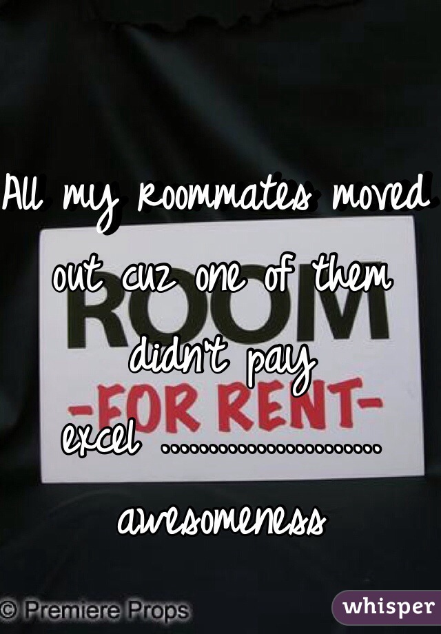 All my roommates moved out cuz one of them didn't pay excel .......................  awesomeness 