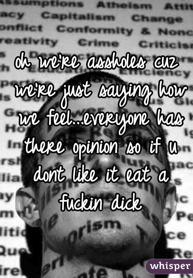 oh we're assholes cuz we're just saying how we feel...everyone has there opinion so if u dont like it eat a fuckin dick