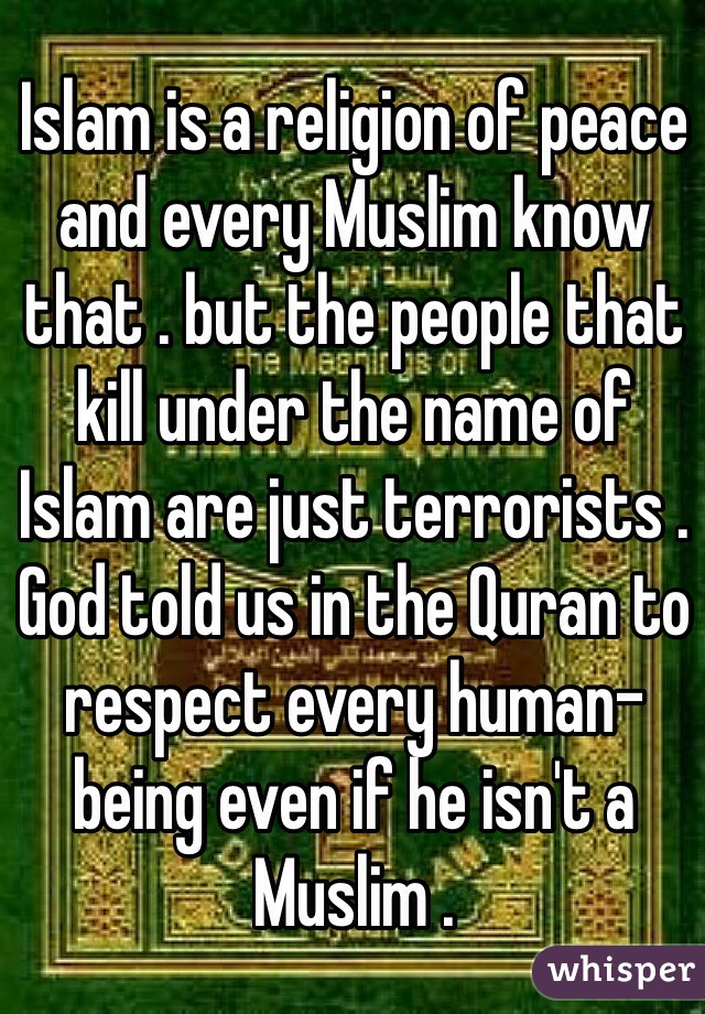 Islam is a religion of peace and every Muslim know that . but the people that kill under the name of Islam are just terrorists .
God told us in the Quran to respect every human-being even if he isn't a Muslim .