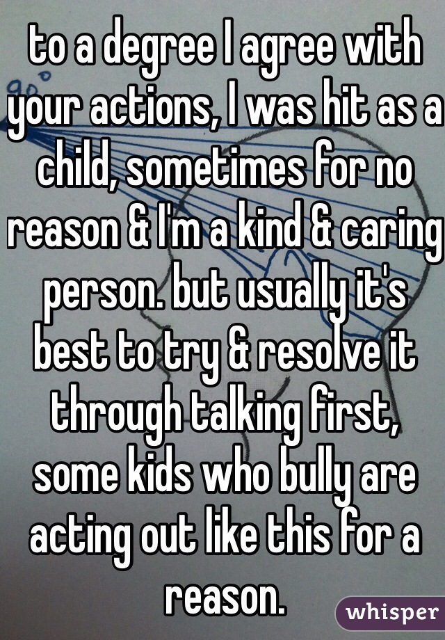 to a degree I agree with your actions, I was hit as a child, sometimes for no reason & I'm a kind & caring person. but usually it's best to try & resolve it through talking first, some kids who bully are acting out like this for a reason.