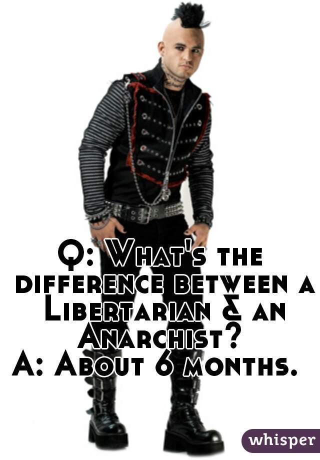 Q: What's the difference between a Libertarian & an Anarchist? 

A: About 6 months. 