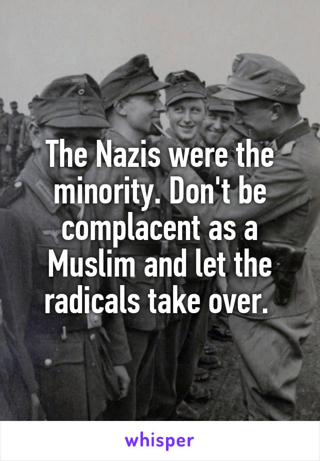 The Nazis were the minority. Don't be complacent as a Muslim and let the radicals take over. 