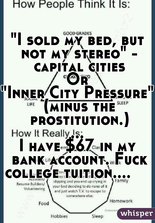 "I sold my bed, but not my stereo" - capital cities
Or
"Inner City Pressure" (minus the prostitution.)
...
I have $67 in my bank account. Fuck college tuition....     