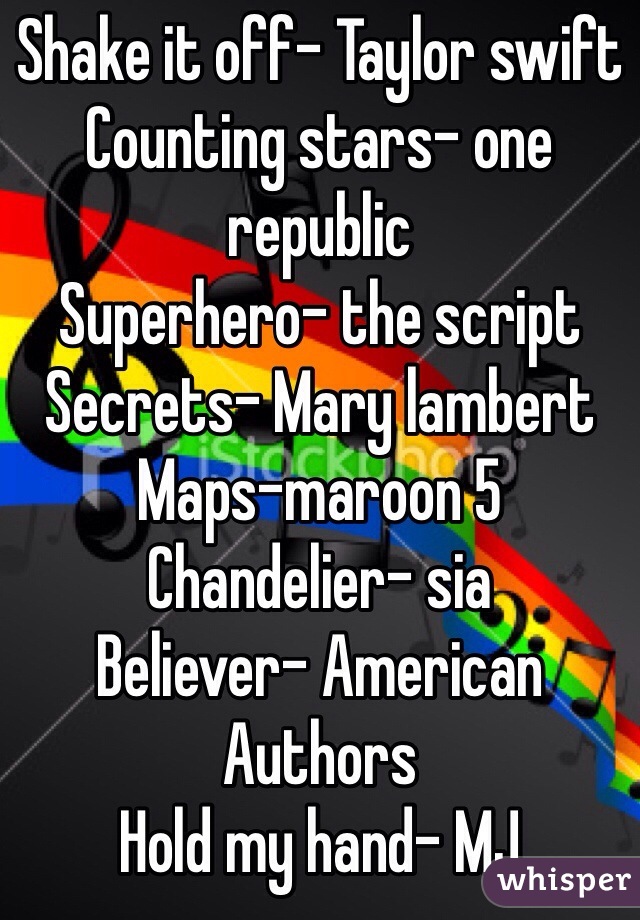 Shake it off- Taylor swift 
Counting stars- one republic
Superhero- the script
Secrets- Mary lambert 
Maps-maroon 5
Chandelier- sia  
Believer- American Authors   
Hold my hand- MJ