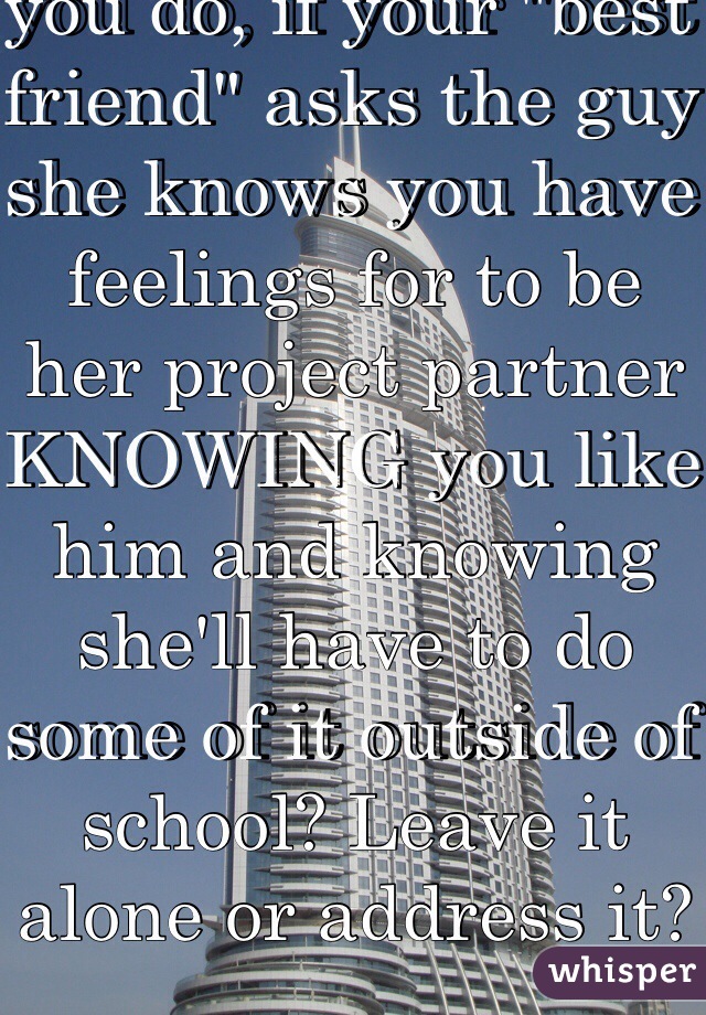 Okay, what would you do, if your "best friend" asks the guy she knows you have feelings for to be her project partner KNOWING you like him and knowing she'll have to do some of it outside of school? Leave it alone or address it? 