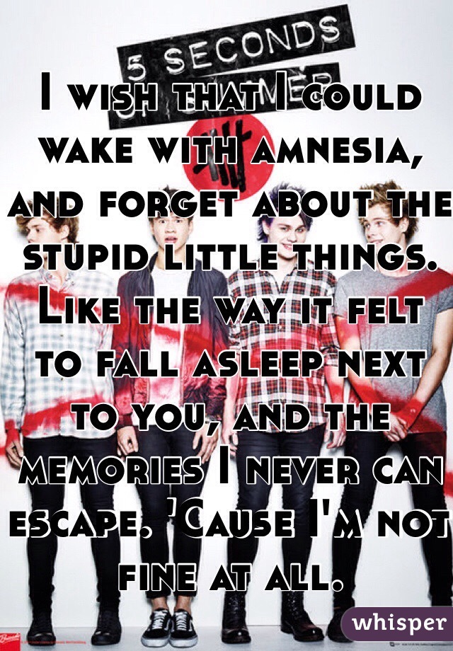 I wish that I could wake with amnesia, and forget about the stupid little things. Like the way it felt to fall asleep next to you, and the memories I never can escape. 'Cause I'm not fine at all. 