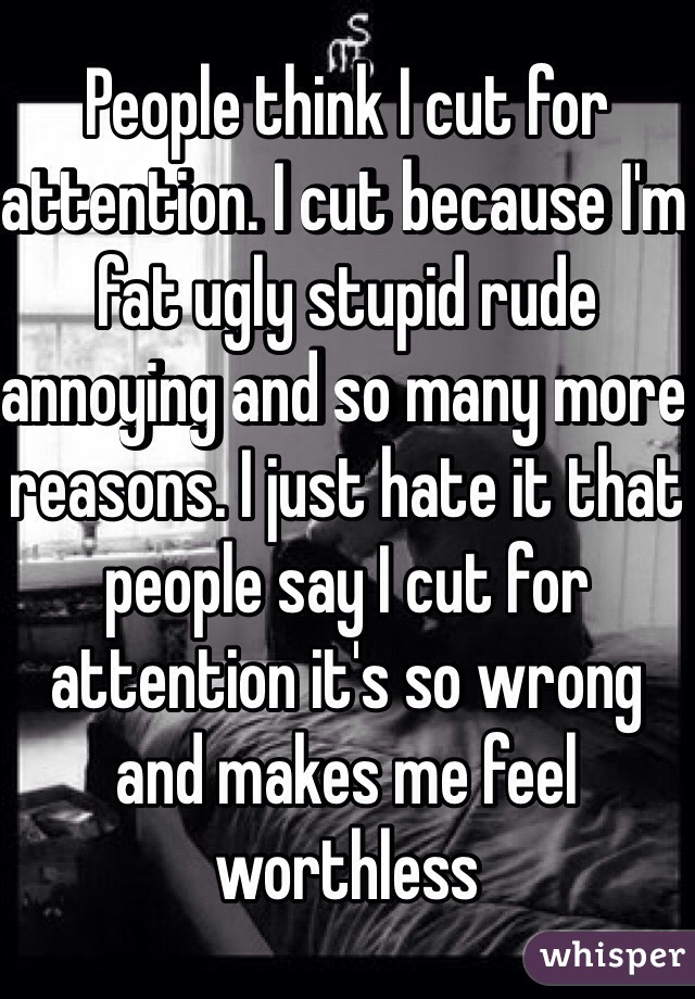 People think I cut for attention. I cut because I'm fat ugly stupid rude annoying and so many more reasons. I just hate it that people say I cut for attention it's so wrong and makes me feel worthless 