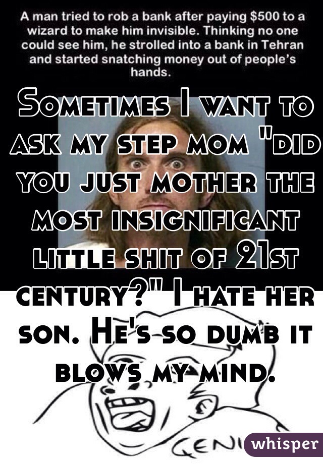 Sometimes I want to ask my step mom "did you just mother the most insignificant little shit of 21st century?" I hate her son. He's so dumb it blows my mind.