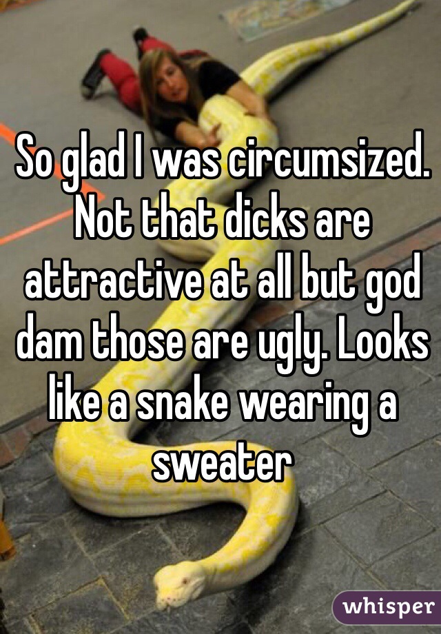 So glad I was circumsized. Not that dicks are attractive at all but god dam those are ugly. Looks like a snake wearing a sweater