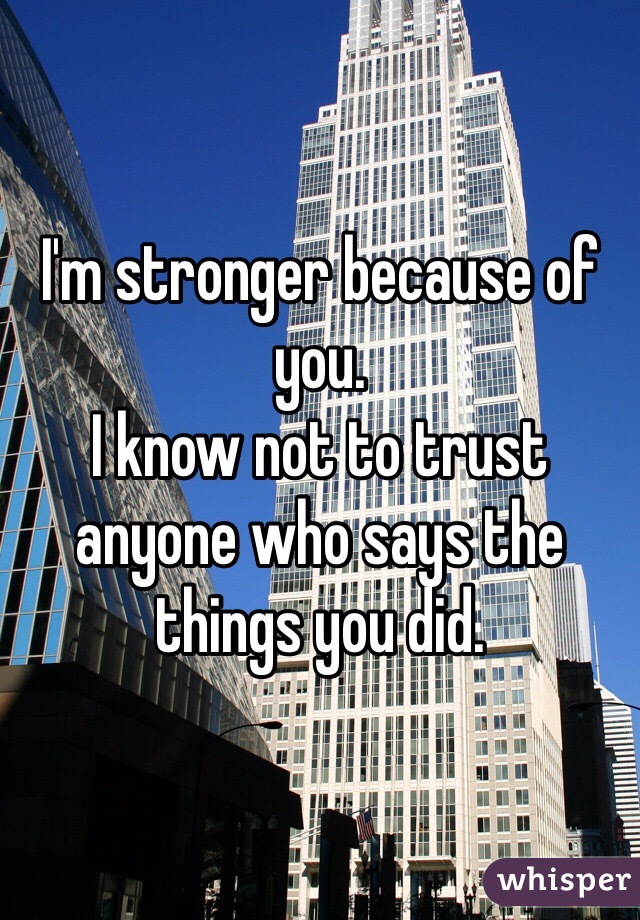I'm stronger because of you. 
I know not to trust anyone who says the things you did.