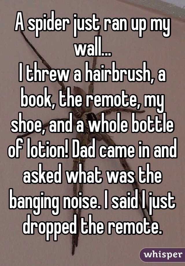 A spider just ran up my wall...
I threw a hairbrush, a book, the remote, my shoe, and a whole bottle of lotion! Dad came in and asked what was the banging noise. I said I just dropped the remote.