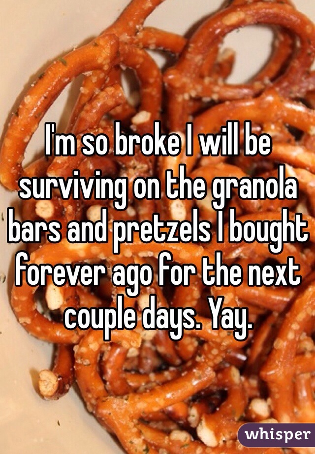 I'm so broke I will be surviving on the granola bars and pretzels I bought forever ago for the next couple days. Yay.