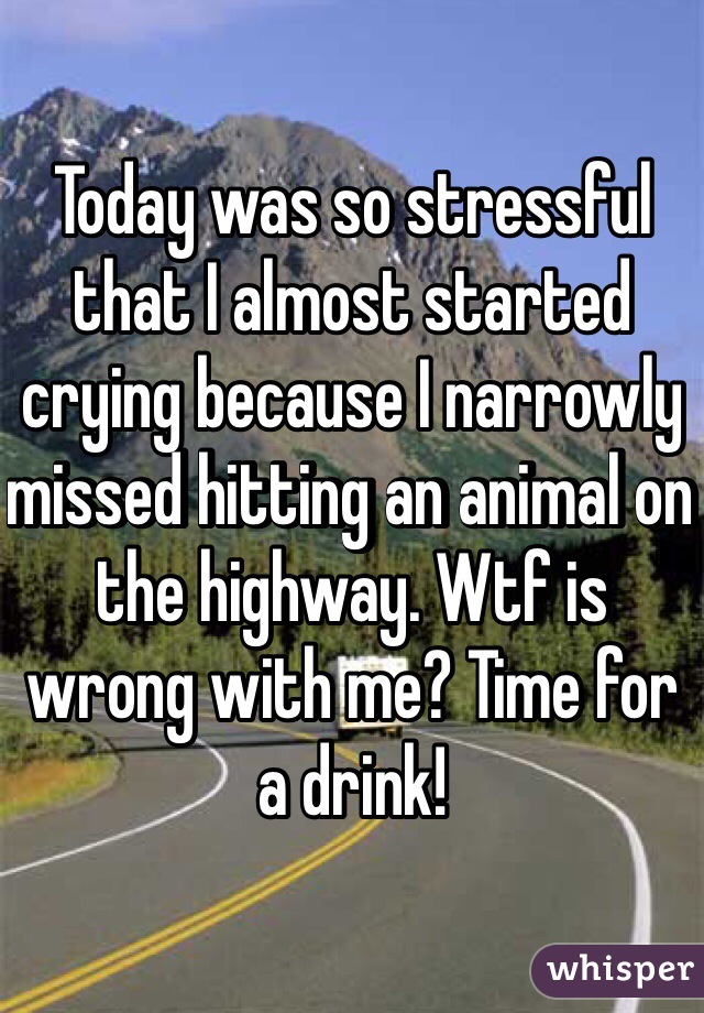 Today was so stressful that I almost started crying because I narrowly missed hitting an animal on the highway. Wtf is wrong with me? Time for a drink!