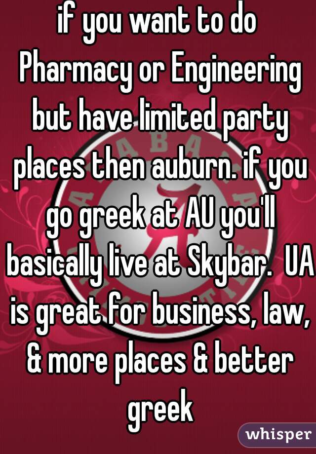 if you want to do Pharmacy or Engineering but have limited party places then auburn. if you go greek at AU you'll basically live at Skybar.  UA is great for business, law, & more places & better greek