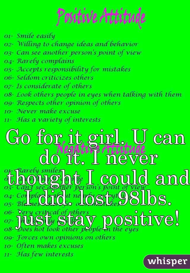 Go for it girl. U can do it. I never thought I could and I did. lost 98lbs. just stay positive!