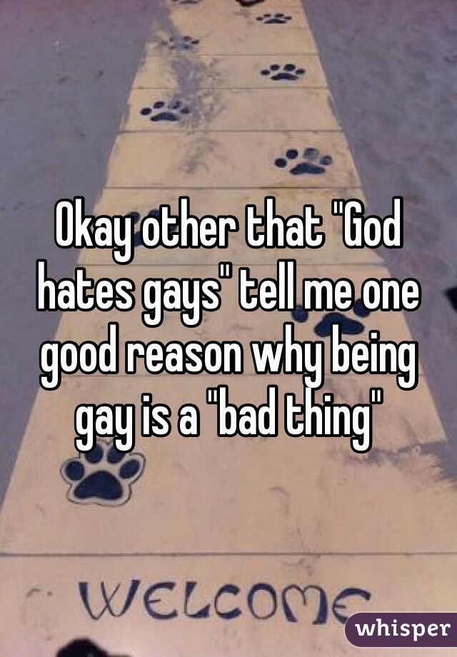 Okay other that "God hates gays" tell me one good reason why being gay is a "bad thing" 