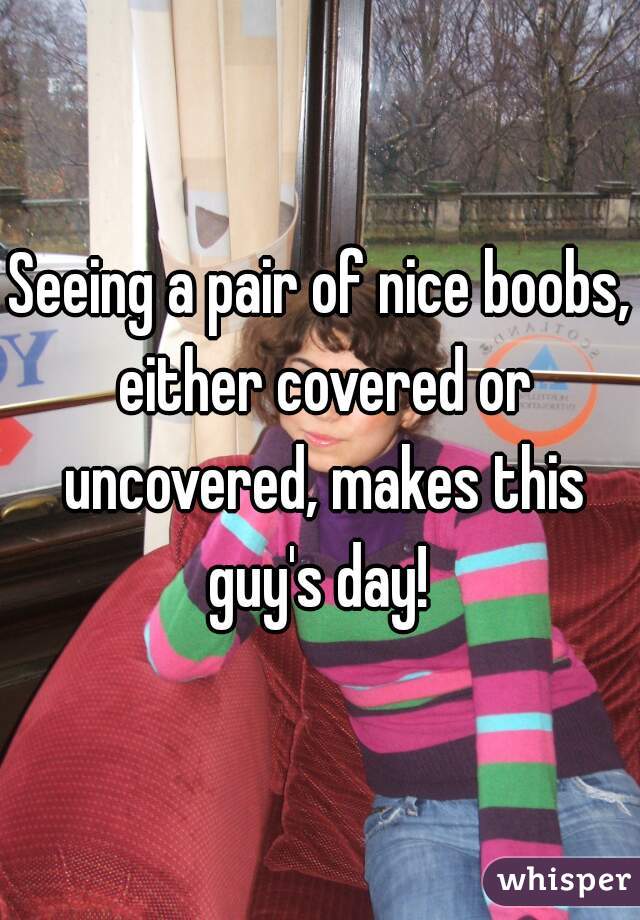 Seeing a pair of nice boobs, either covered or uncovered, makes this guy's day! 
