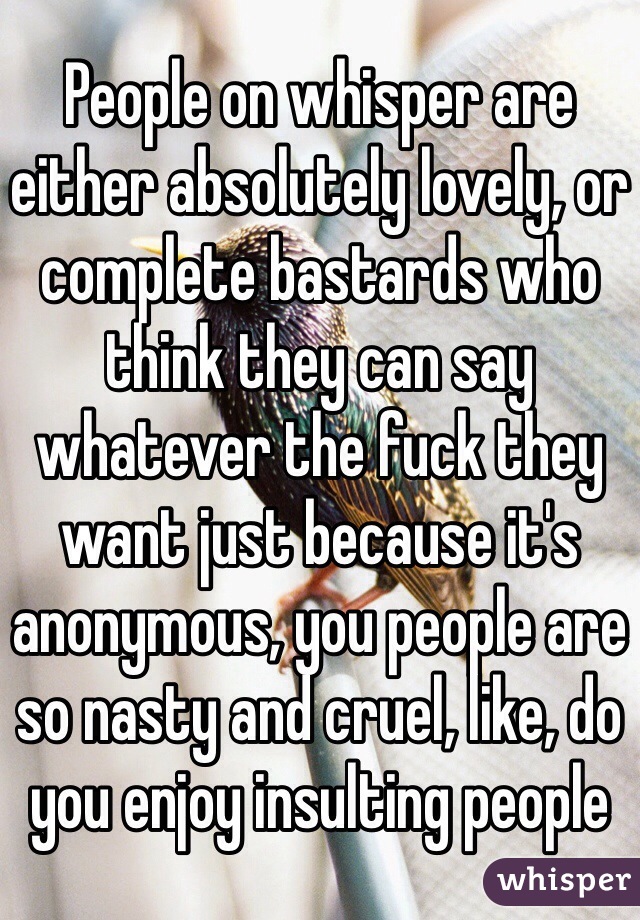 People on whisper are either absolutely lovely, or complete bastards who think they can say whatever the fuck they want just because it's anonymous, you people are so nasty and cruel, like, do you enjoy insulting people 