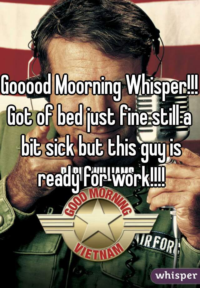 Gooood Moorning Whisper!!!
Got of bed just fine still a bit sick but this guy is ready for work!!!!