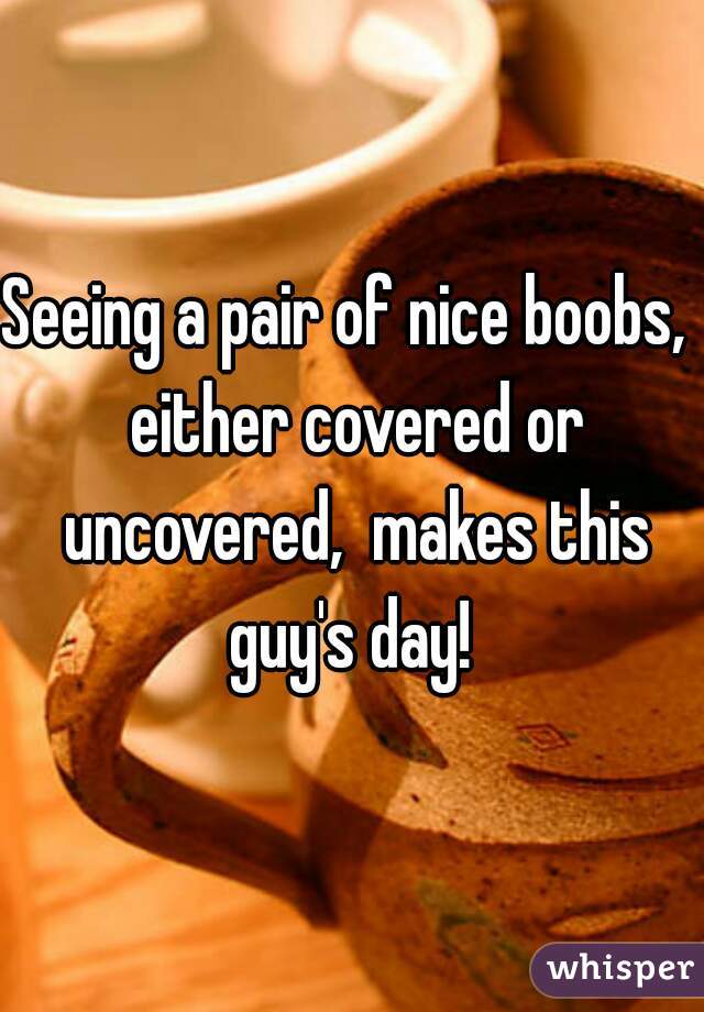 Seeing a pair of nice boobs,  either covered or uncovered,  makes this guy's day! 