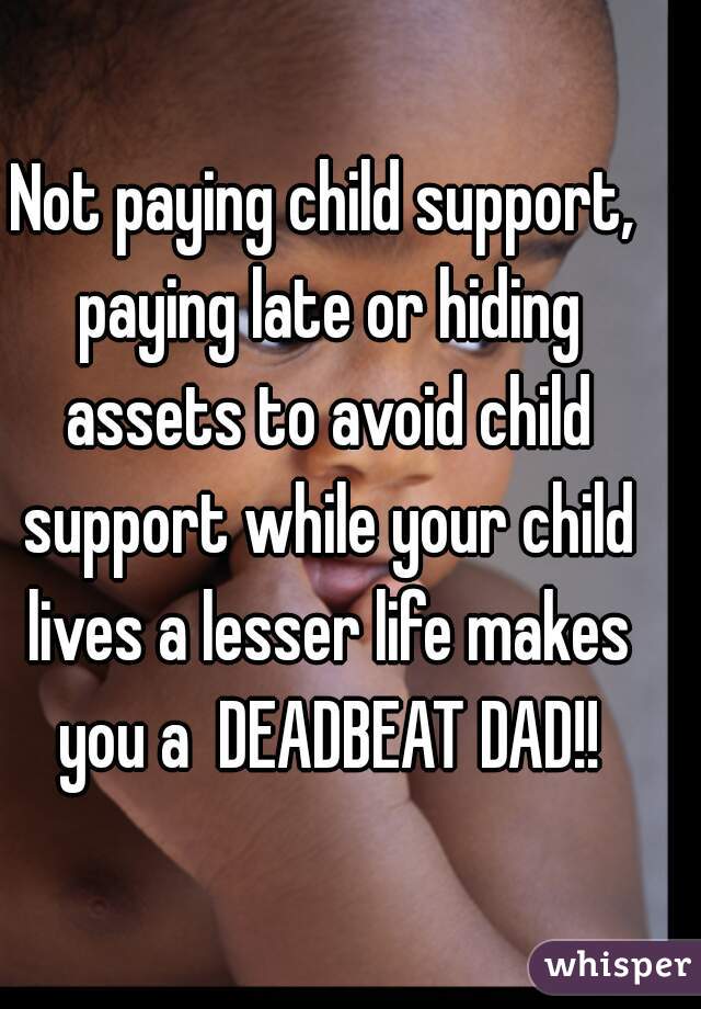 Not paying child support, paying late or hiding assets to avoid child support while your child lives a lesser life makes you a  DEADBEAT DAD!!