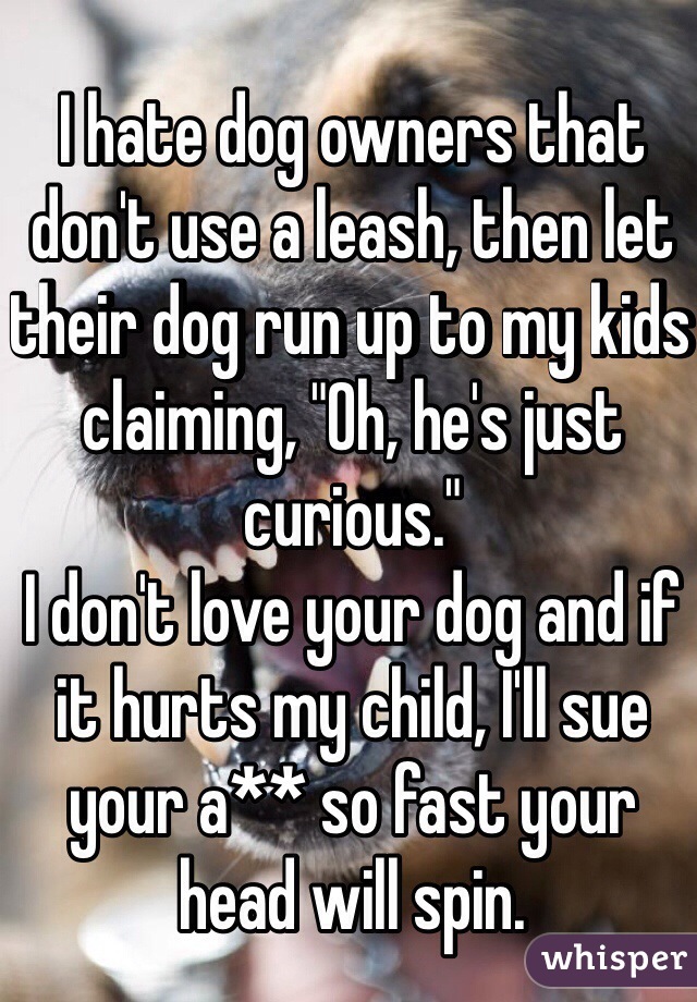 I hate dog owners that don't use a leash, then let their dog run up to my kids claiming, "Oh, he's just curious."
I don't love your dog and if it hurts my child, I'll sue your a** so fast your head will spin.