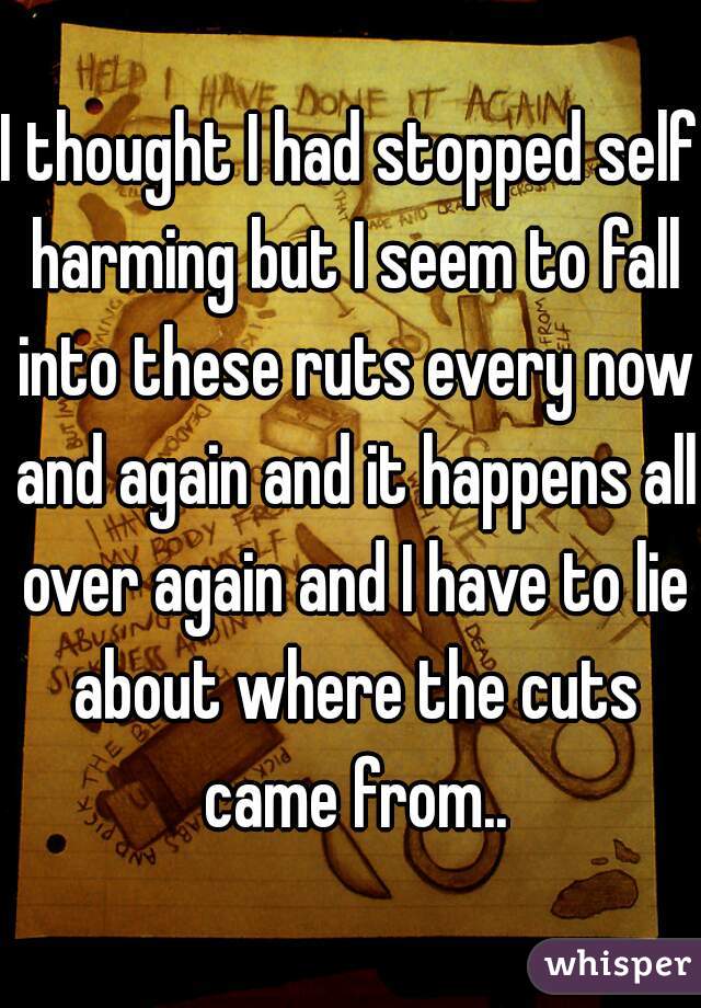 I thought I had stopped self harming but I seem to fall into these ruts every now and again and it happens all over again and I have to lie about where the cuts came from..