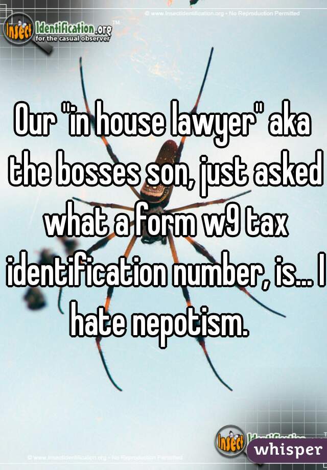 Our "in house lawyer" aka the bosses son, just asked what a form w9 tax identification number, is... I hate nepotism.  