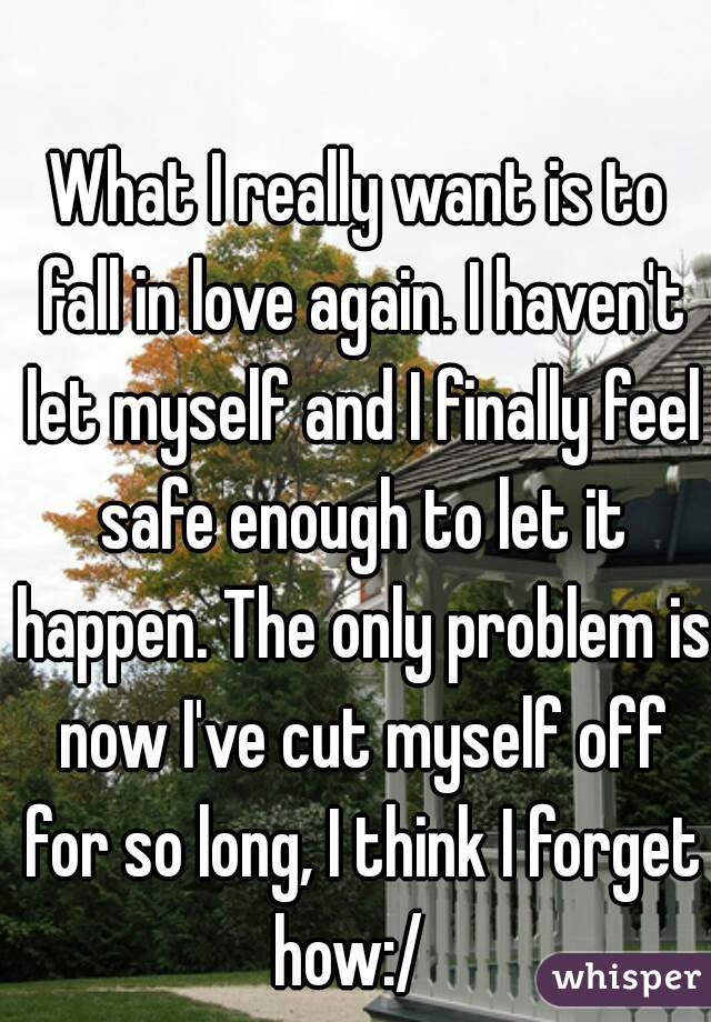 What I really want is to fall in love again. I haven't let myself and I finally feel safe enough to let it happen. The only problem is now I've cut myself off for so long, I think I forget how:/  