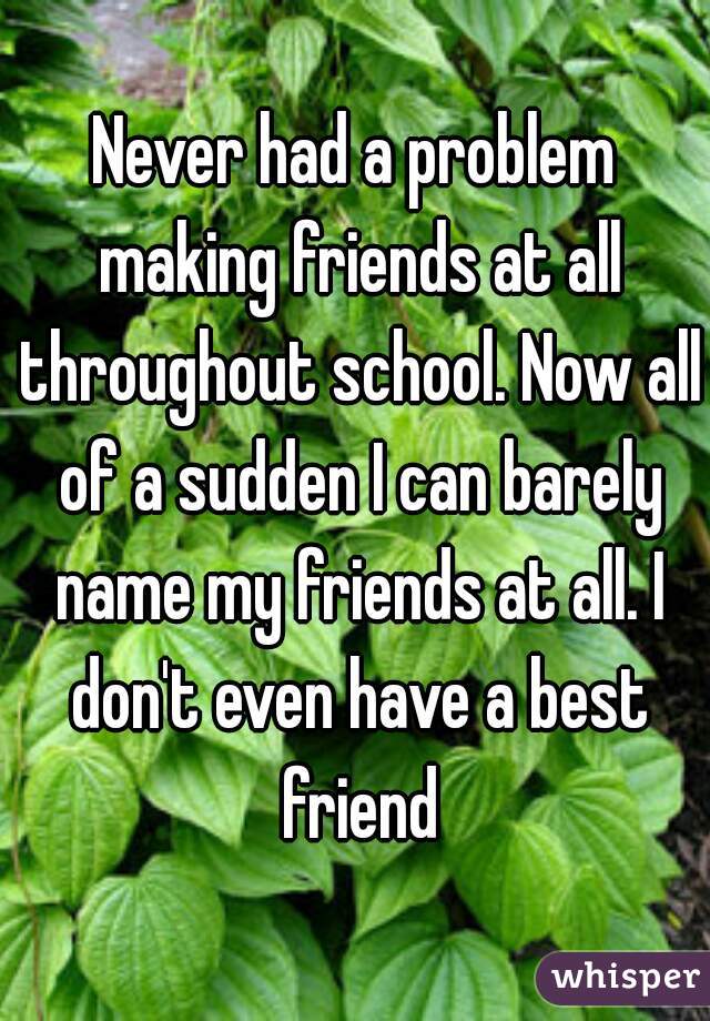 Never had a problem making friends at all throughout school. Now all of a sudden I can barely name my friends at all. I don't even have a best friend