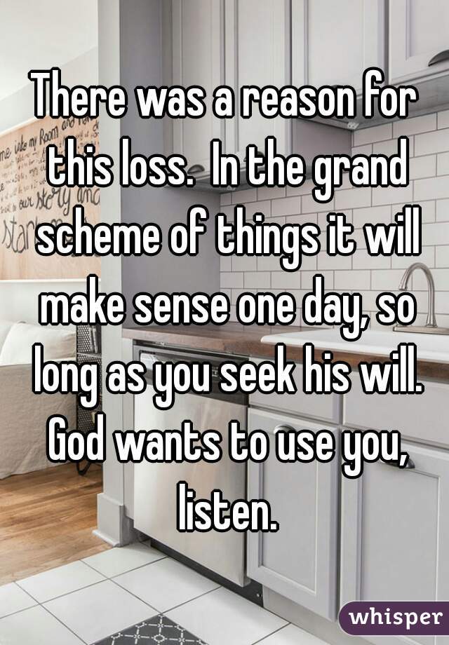 There was a reason for this loss.  In the grand scheme of things it will make sense one day, so long as you seek his will. God wants to use you, listen.